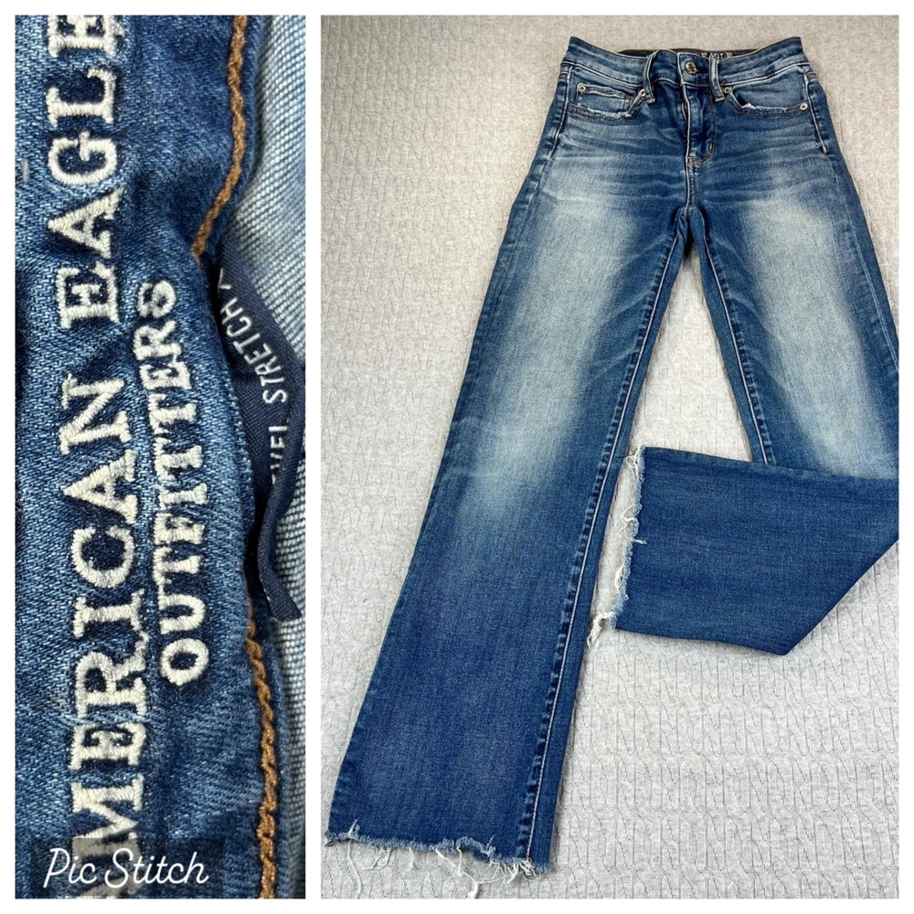American Eagle Bootcut Jeans Women 0/21X26 Short Hi‎ Rise Crop Flare Distressed